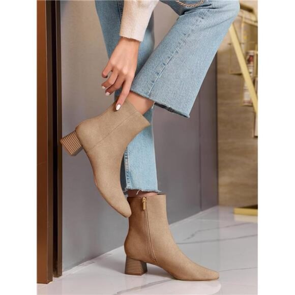 Women's Ankle Boots Chunky Low Heel Square Toe Booties Side Zipper Winter Shoes - Picture 3 of 5